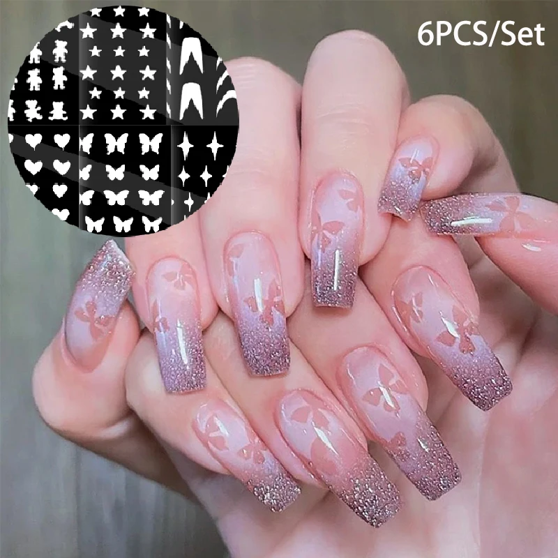 6 แผ่น Airbrush Stencils สติกเกอร์เล็บภาษาฝรั่งเศสคําการพิมพ์แม่แบบเครื่องมือลายฉลุดวงจันทร์ดาวหัวใจผีเสื้อภาษาฝรั่งเศสคําออกแบบ Hollow