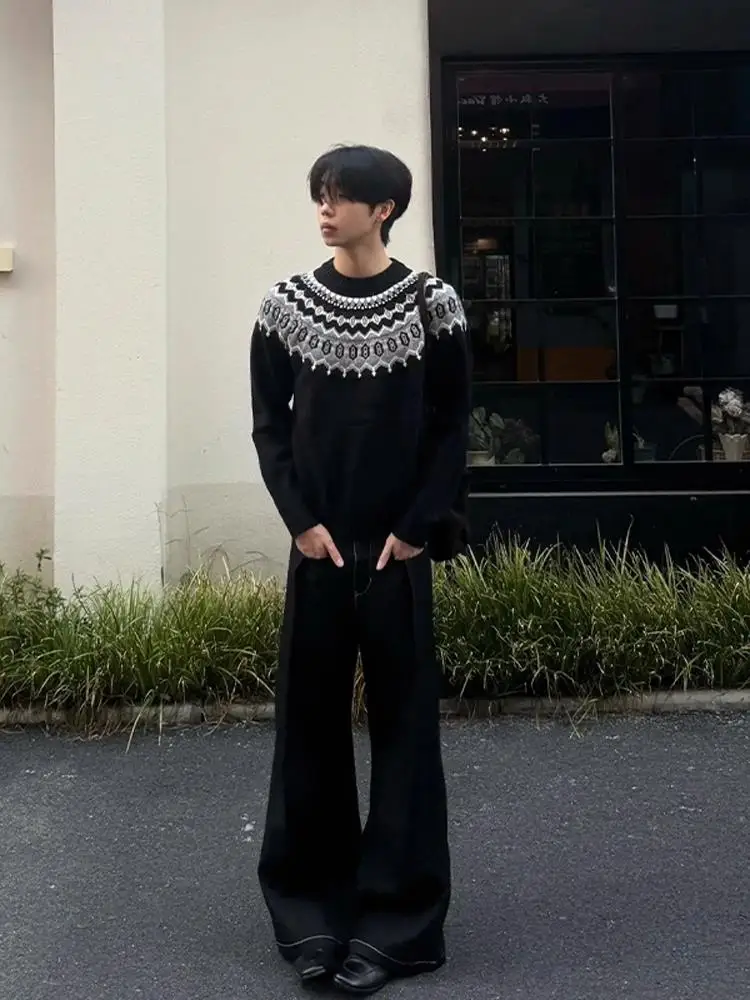 

Autumn Winter Men's round Ne Fair Isle Knit Sweater Heavyweight Tassel Detail Casual Sle Polyester Fiber Long Sve