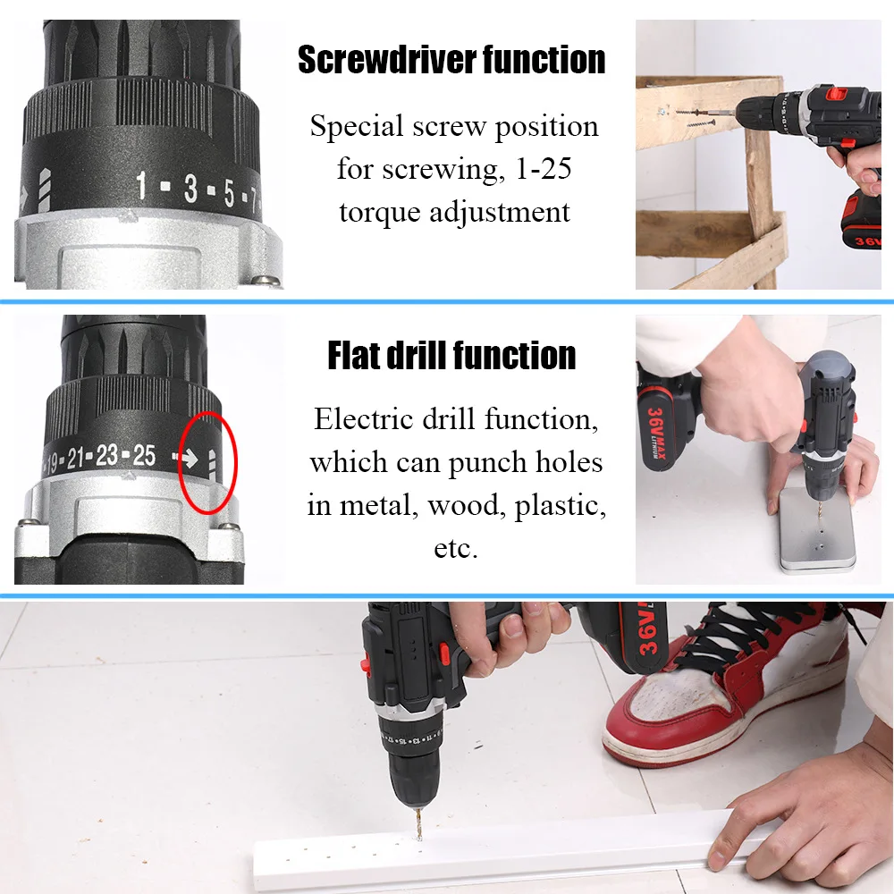 36VF Electric Impact Drill 2 in 1 Electric Cordless Lithium-Ion Battery Mini Electric Power Screwdriver 2 Speed Power Tools