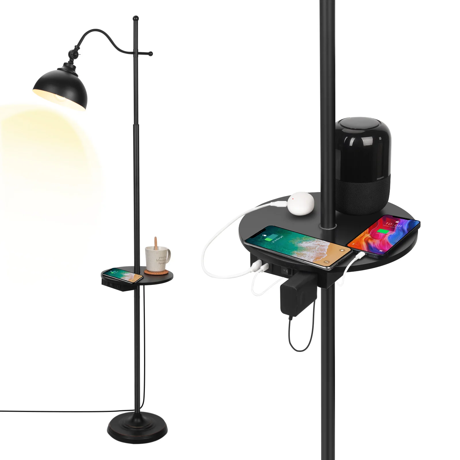 

Floor Lamp Living Room Black Industrial Style, Metal Floor Lamp with Shelf, 2 USB Ports, Floor Lamps for Study, Living Room