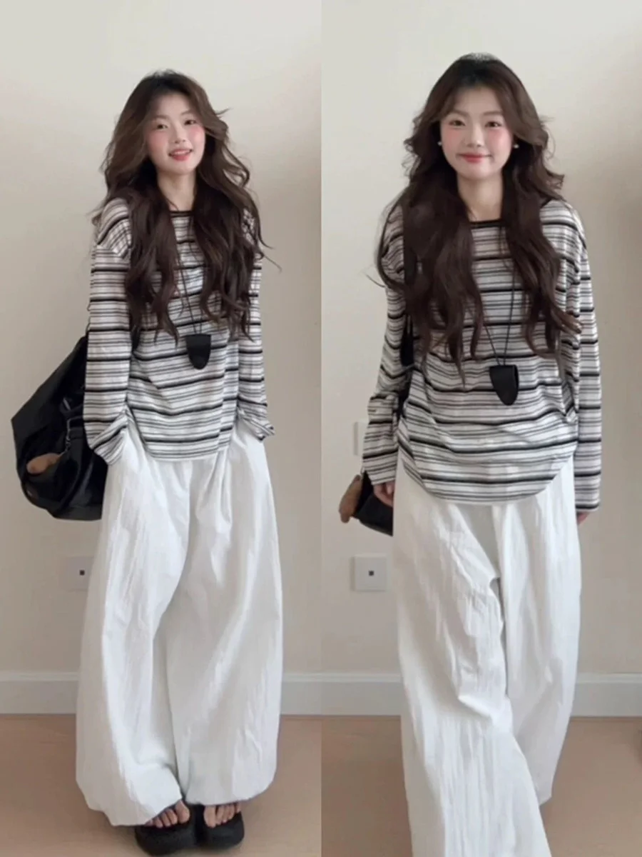 Slimming Striped Color Blo Long Sve Women's T-irt Spring Autumn Loose Lazy Sle Base irt Top Small Size Korean Faion
