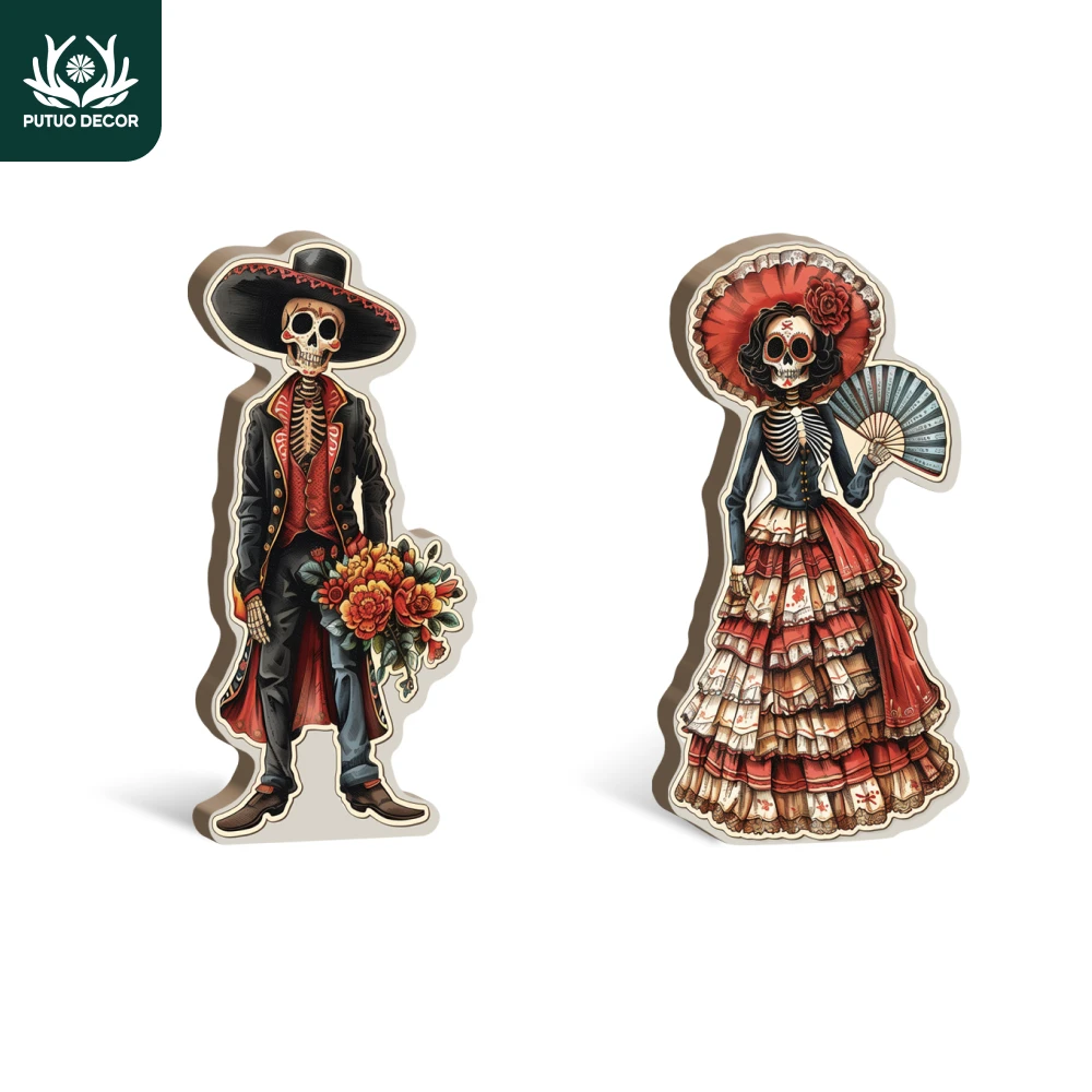 

Putuo Decor 2pc Mexican Skeleton Dancer Element Wooden Table Decor for Home Farmhouse Restaurant Cafe Living Room, Gift