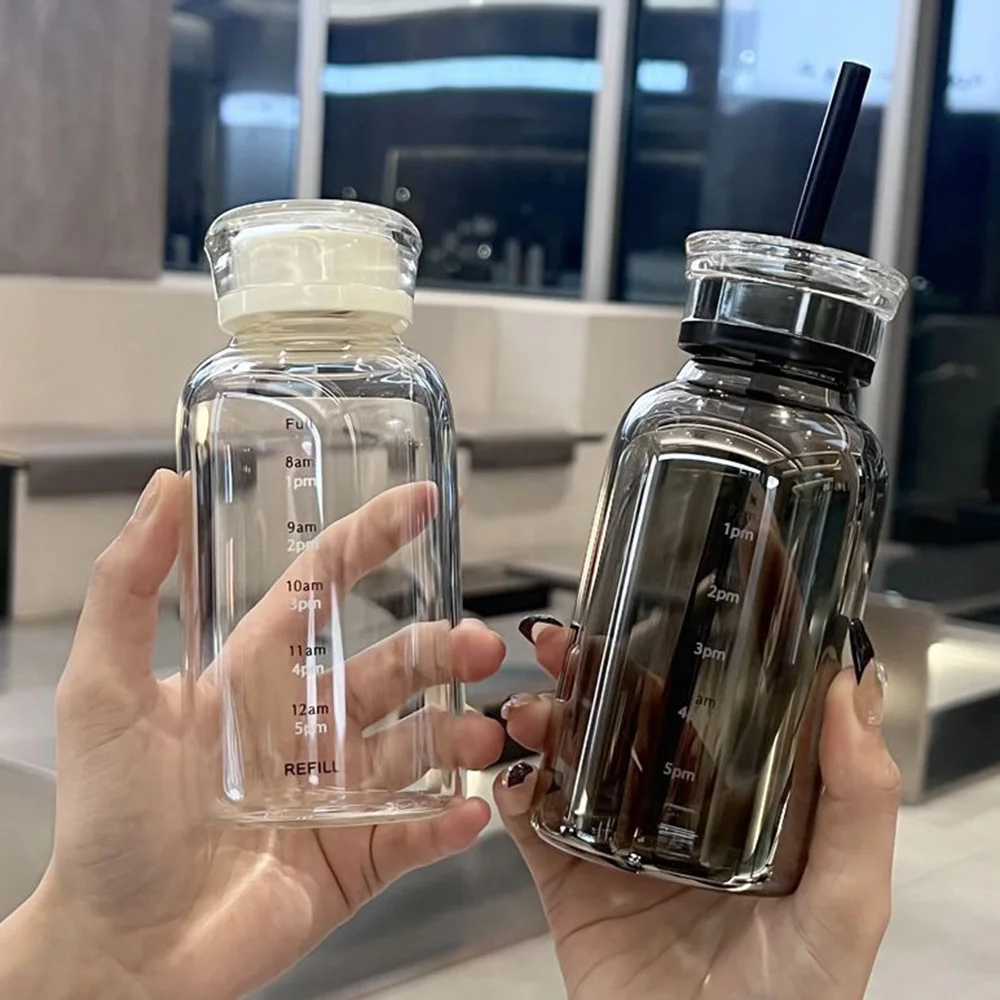 550/750ml Large Glass Bottle with Scale and Straw Time Marker Transparent Drinking Bottle Leakproof Water Cup for Sports Gift