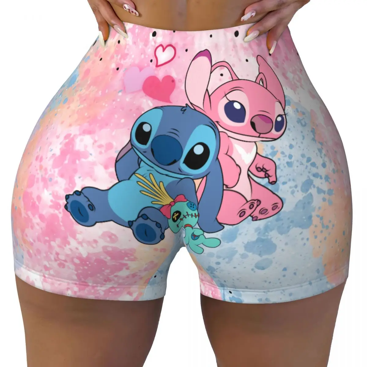 

Custom Cute Stitchs And Angel In Love Anime Workout Running Volleyball Shorts for Women Gym Yoga Shorts