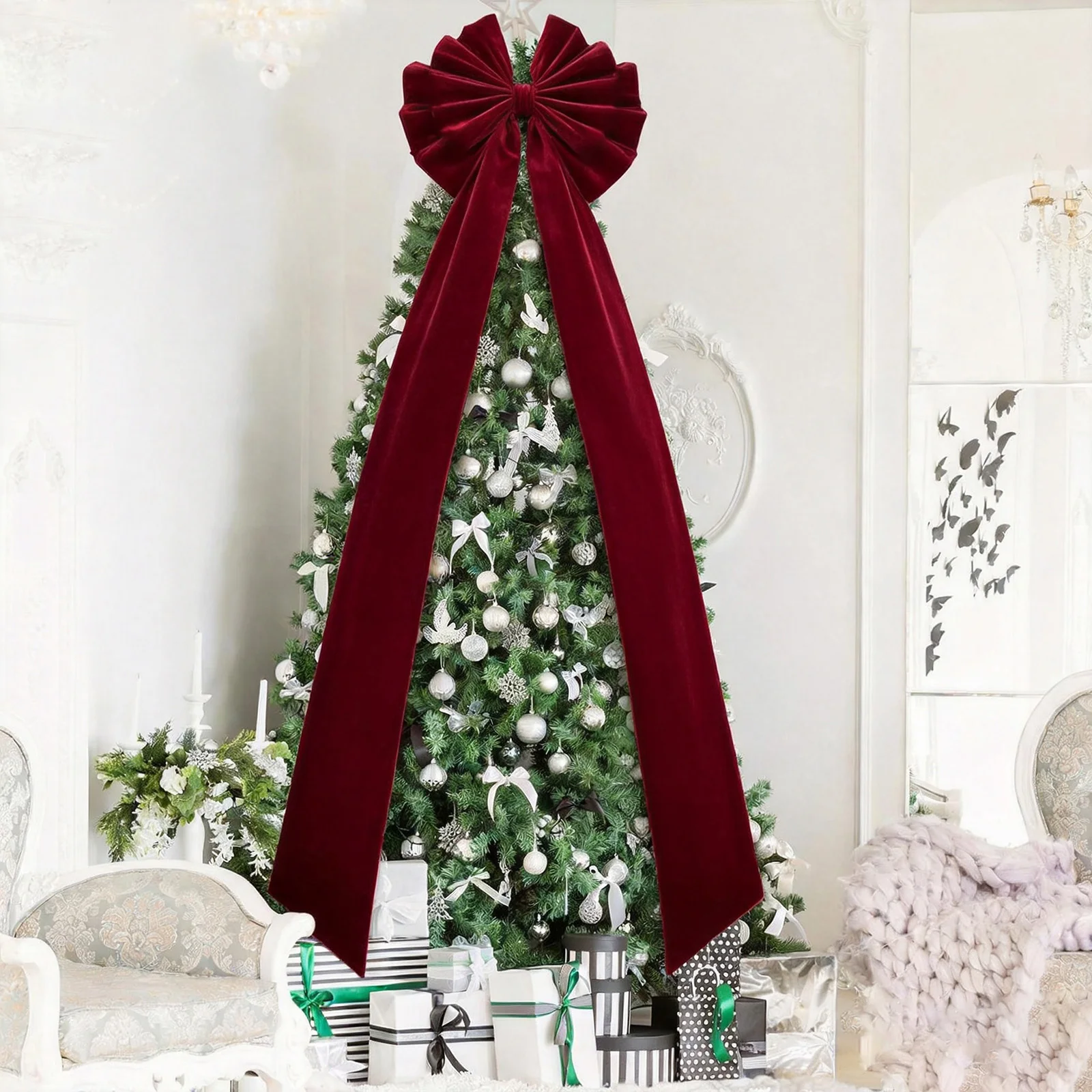 Large Christmas Tree Topper Bow Velvet Holiday Decorative Ribbon