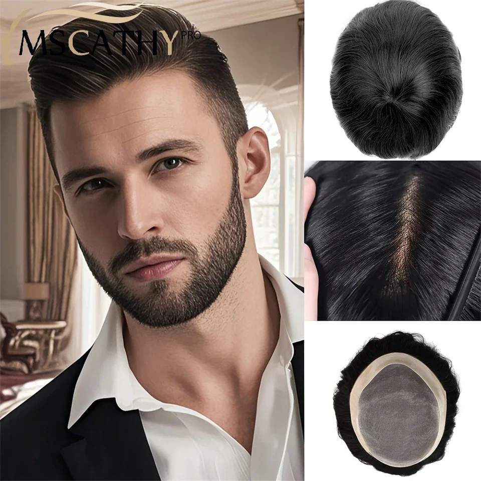 

7x9 Toupee For Men Fine Mono Base With PU Men Toupee Human Hair Replacement System Hair Prosthesis Natural Black Hair Units