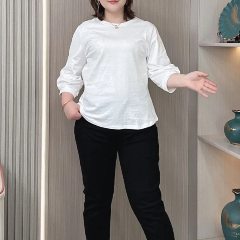 Lantern Sleeve T-shirt For Women Spring And Summer New Plus Size Loose Simple 3/4 Sleeves Cotton Tops