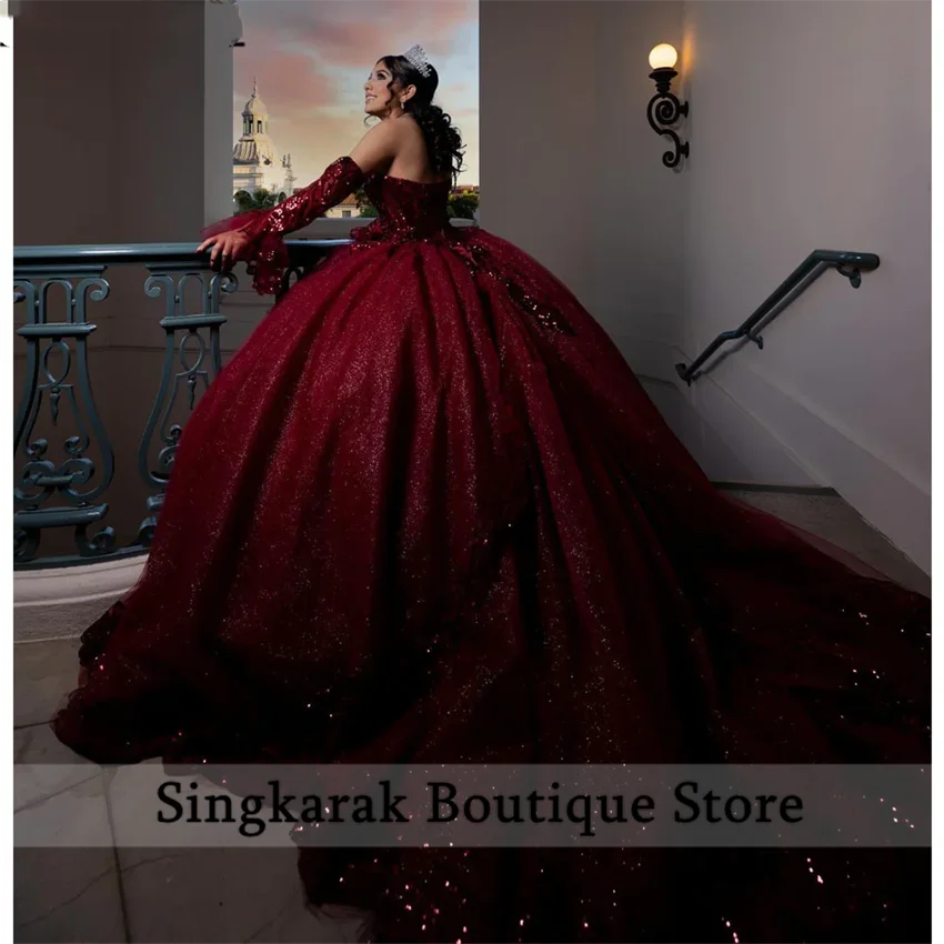 Sparkly Wine Red Quinceanera Dress Sweet 16 Dress Crystal Beads Diamonds Sequins Party Gowns With Sleeves Customized