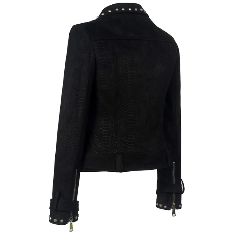 2025 nuevas chaquetas de tela de gamuza con remaches Punk de otoño e invierno para mujer, abrigo rosa serpentino a la moda, chaqueta de cuero con cremallera y solapa
