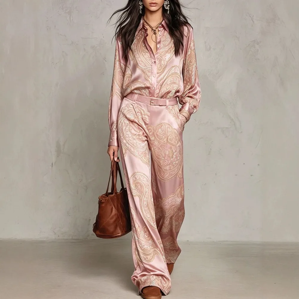 New Women's 2-piece Retro Paisley Print Lapel Long Sleeved Shirt, High Waist Wide Leg Pants, Casual Vacation Pocket Without Belt view 3