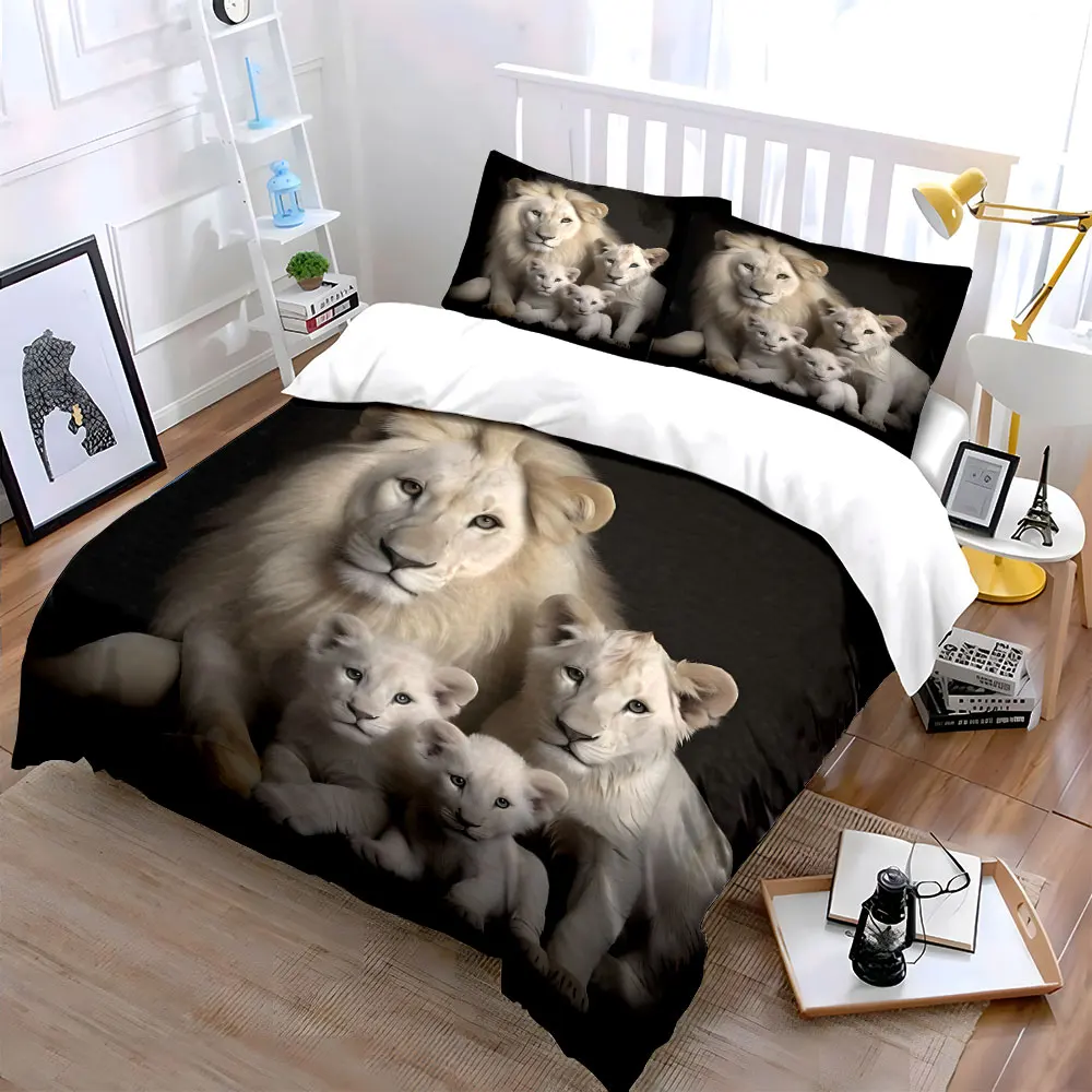 White Lion Family Portrait Bedding Set for Kids Luxury Gift 3pcs Digital Print Comforter Set Soft Comfortable Breathable