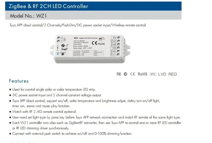 ZigBee3.0 & RF 2CH LED Controller WZ1 DC12-36V Tuya APP Cloud Wireless Remote Control 2 Channels for Single Color CCT LED Strip