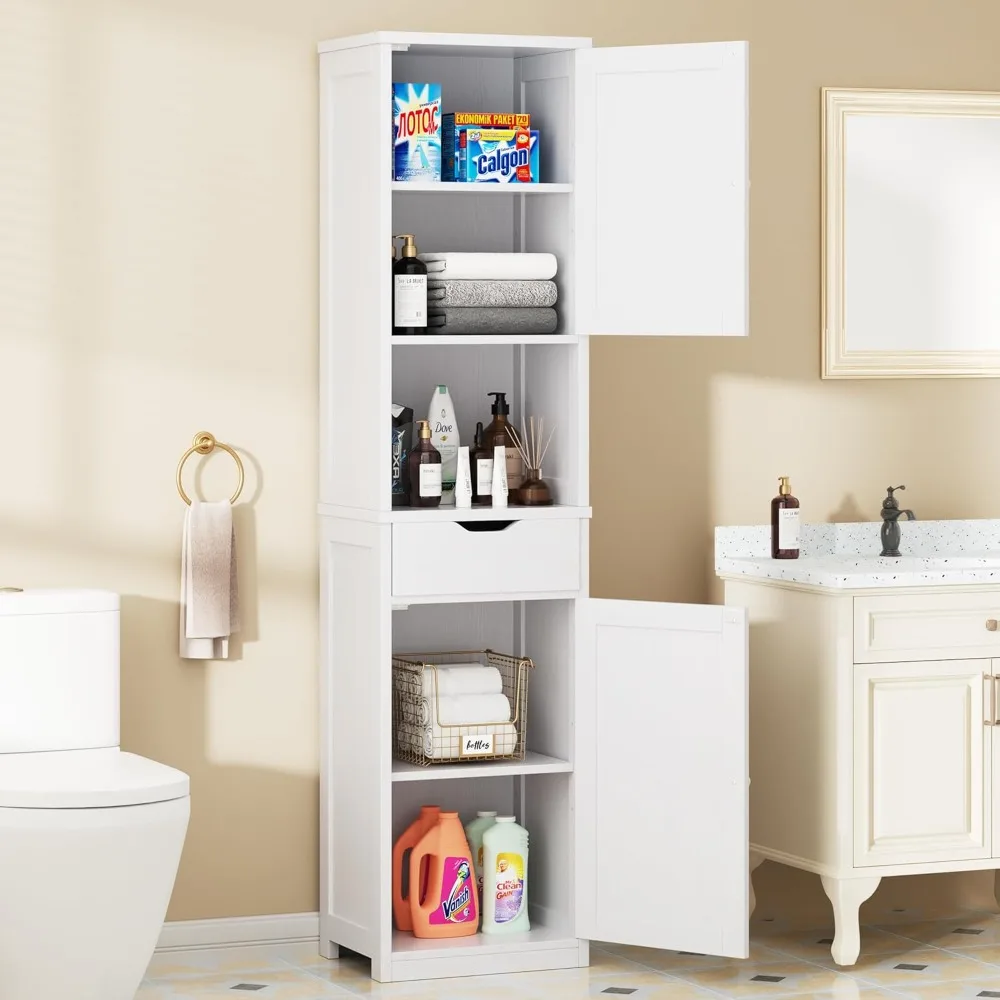 

Tall Bathroom Storage Cabinet with Freestanding Adjustable Shelves, Narrow Storage Linen Cabinet with 2 Doors and 1 Drawers