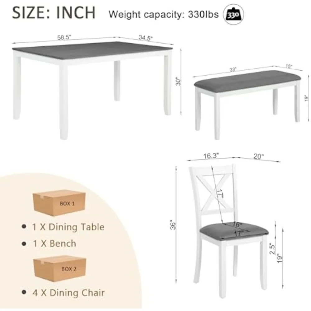 6-teiliges Esszimmerset mit Holztisch, gepolsterter Bank und 4 Stühlen mit gekreuzter Rückenlehne