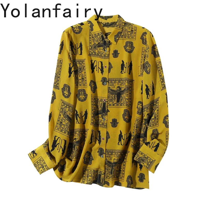 

YOLANFAIRY 100% Mulberry Silk Oversized Long Sleeve Shirts Woman Autumn Vintage Printed Women Shirt Lazy Style Top Shirts Female