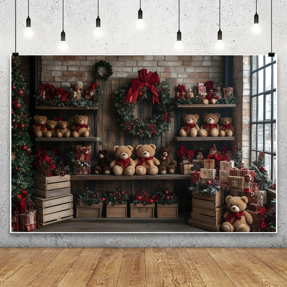 Christmas Fireplace Bear Photography Backdrops Kids Baby Family Photocall Classic Retro Cabinet Xmas Trees Gift Backgrounds