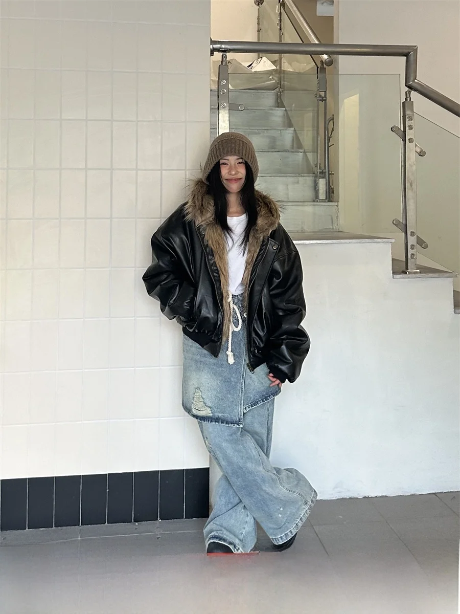 

Lonad Двусторонняя одежда Thiened Winter Aosphere Hat Кожаный дэт Американский нейтральный Sle Молодежный свободный крой из полиэстера F...