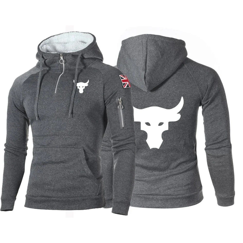 Dwayne Johnson Brahma Bull Tattoo Logo Print Spring Autumn Men's Popular Hlaf Zipper Casual Solid Color Fitness Pullover Hoodies