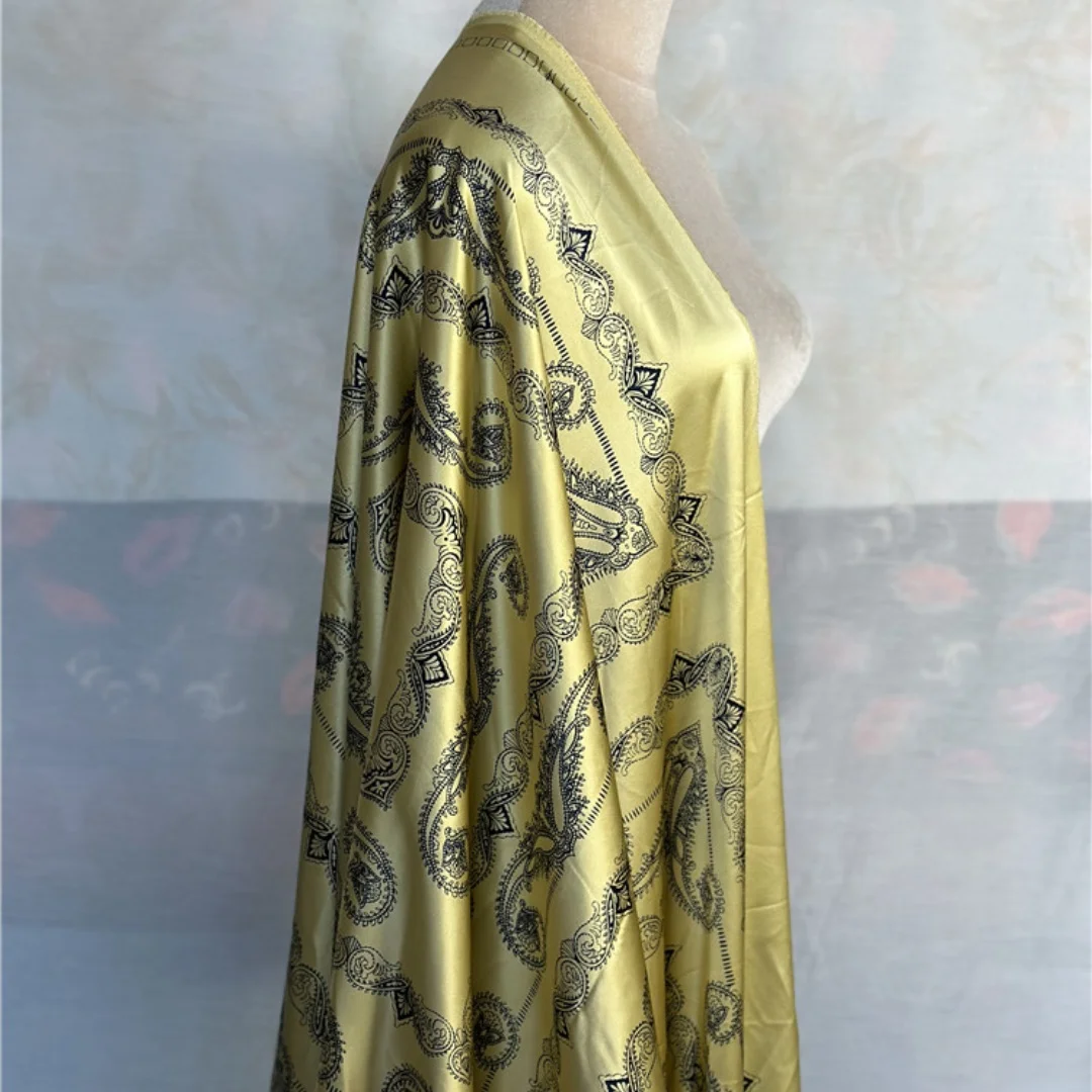 1 meter 100% Mulberry Silk 33 momme Heavy Charmeuse Silk Fabric Yellow Print 109cm 43