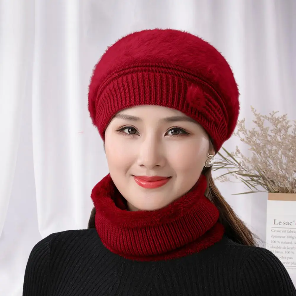 2Pcs/Set Winter Knitted Hat Faux Rabbit Fur Hat Scarf Set Autumn Winter Women Knitted Fleece Lining Beret Cap Neckerchief Set