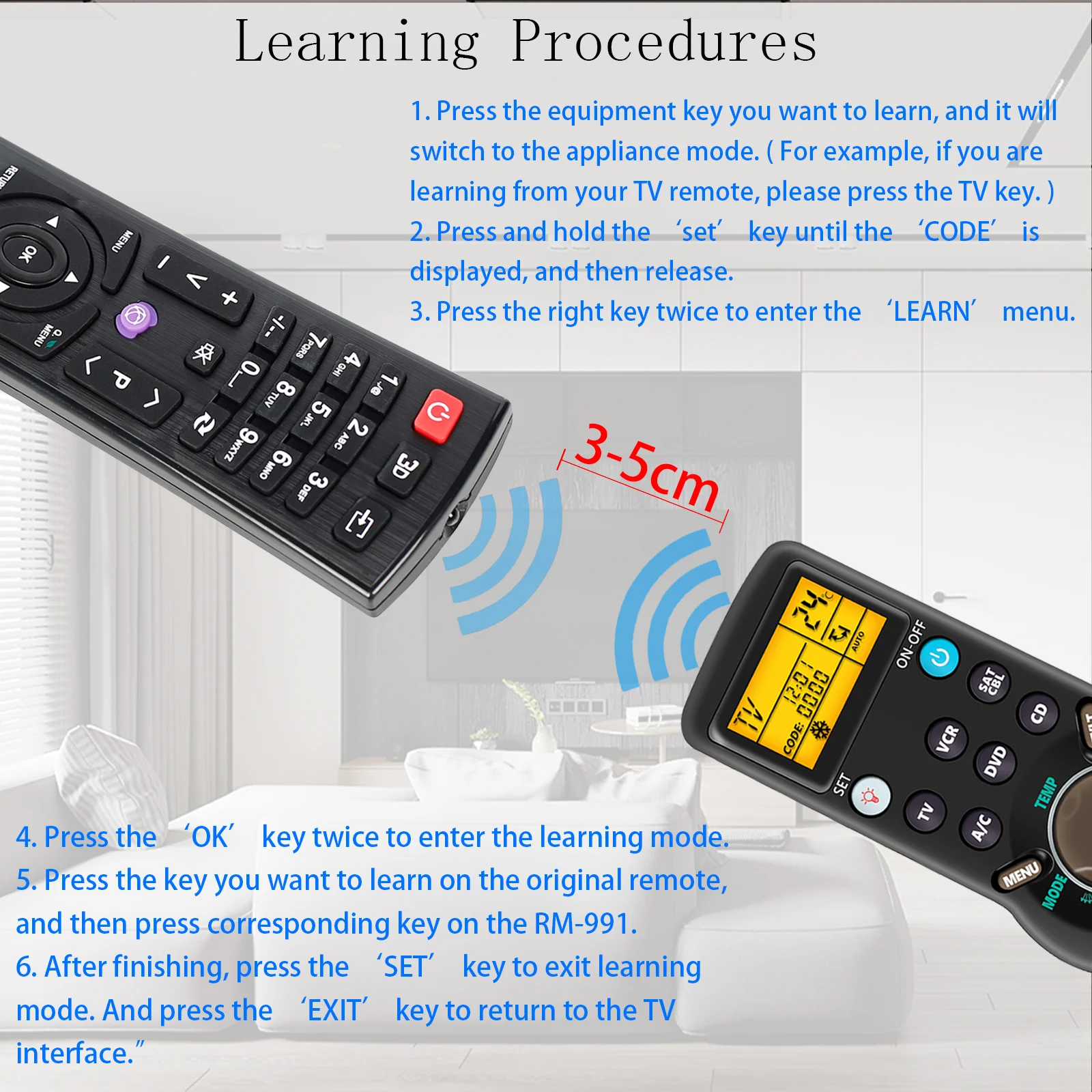 6 في 1 RM-991 مجموعة رمز نسخ التعلم للتحكم عن بعد العالمي للتلفزيون/SAT/DVD/CBL/CD/AC/VCR مع إضاءة خلفية CHUNGHOP