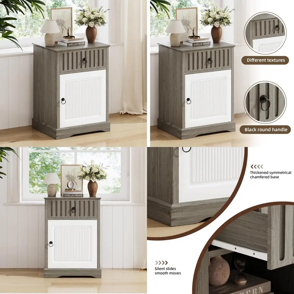 Rustic Storage Nightstand with Drawer for Farmhouse Bedroom and Living Room End Table