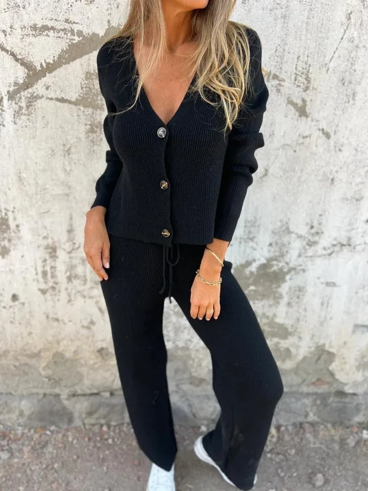 Ensemble 2 pièces tricoté pour femmes, décontracté, ample, col en v, boutons, haut à manches longues, taille haute, pantalon à lacets, mode automne