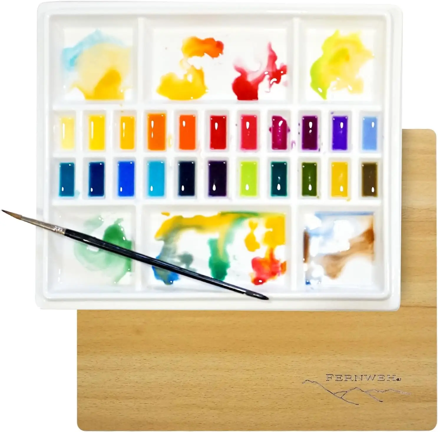 

Ceramic Watercolor Paint Palette with Wooden Lid - 12x10 Inch Porcelain Mixing Tray with 22 Wells and 6 Large Wells - Pr