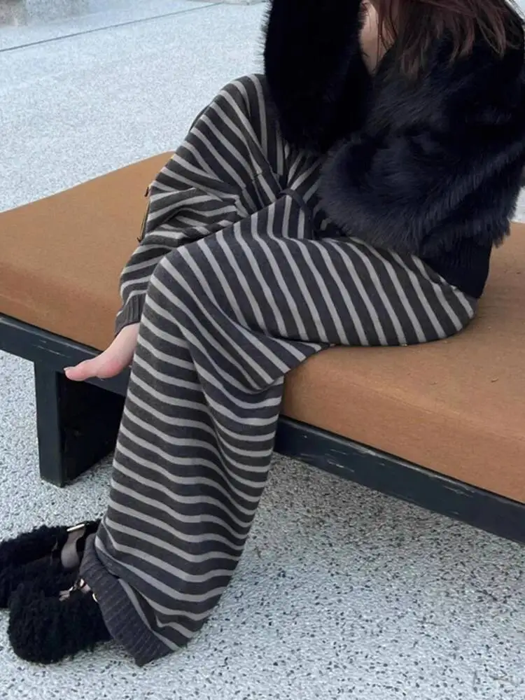 Contrast Color Striped Wide Leg Pant Women Vintage Grunge Loose Floor-Length Pant Y2K High Waist Casual Lady Straight Trousers
