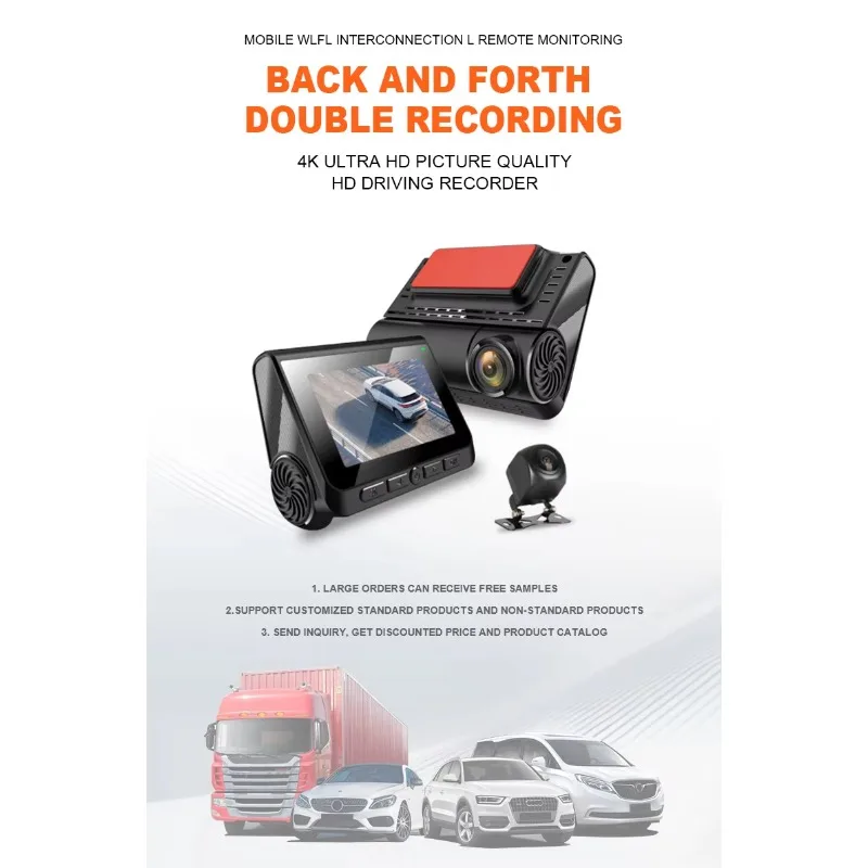 2 Channels  3'' IPS Screen WIFI Dash Cam AHD Front Rear and Inner Camera Car Video Recorder Dvr Black Box Driving Record for Car