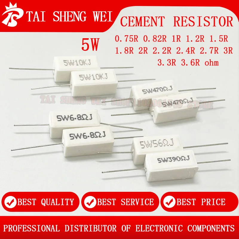 10pcs 5W 5% Cement Resistor Power Resistance 0.75R 0.82R 1R 1.2R 1.5R 1.8R 2R 2.2R 2.4R 2.7R 3R 3.3R 3.6R ohm ΩJ