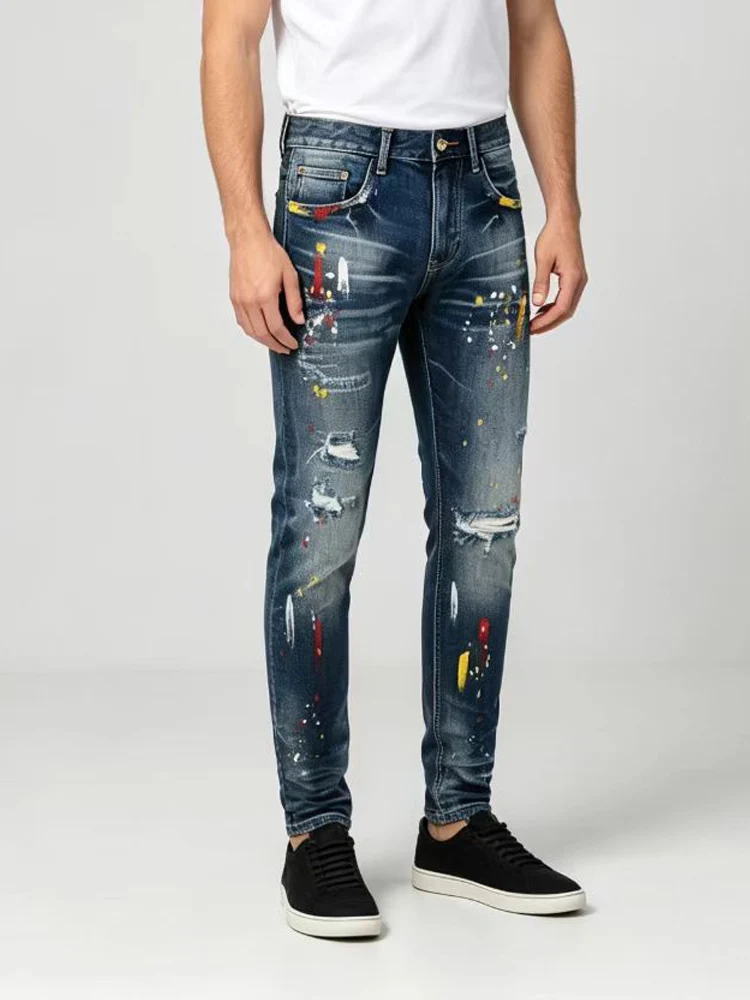 Men Dark Blue Vintage Washed Ripped Colorful Splash Ink Stretch Slim Skinny Jeans Streetwear Hip Hop Denim Jeans