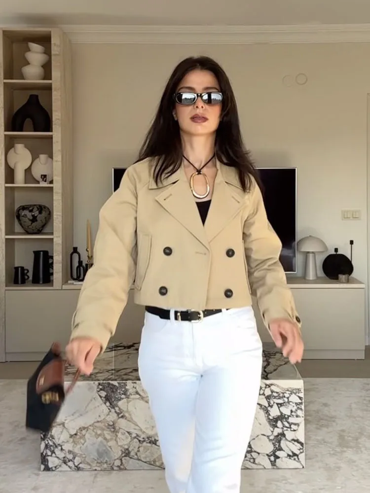 HH Trench corto moda donna Chic Solid doppio petto giacca a maniche lunghe donna cappotto slim design tascabile con risvolto vintage