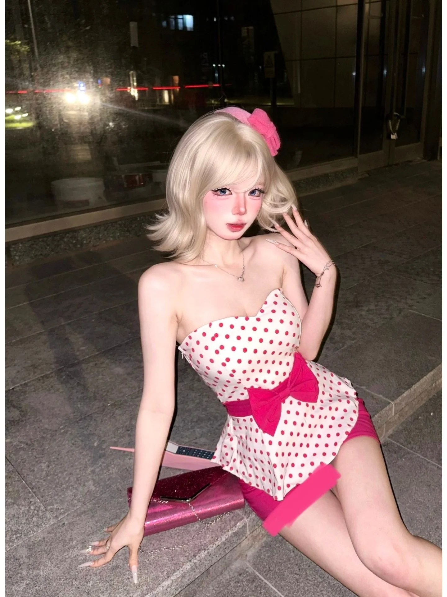 

Sexy Club Girl Short Skirt Top Bottoms Set Bright Color Women's Fashion Tight Fit Bandage Dress Nightclub Outfit