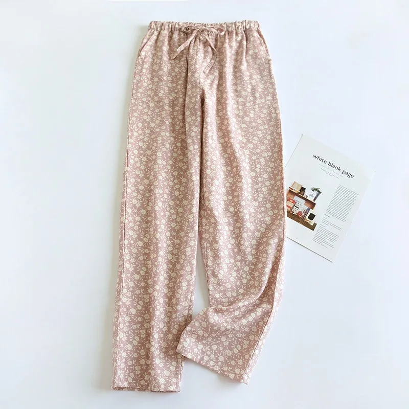 Floral Loquat Print Thin Spring Autumn Pajamas Pants For Women Bottoms Cotton Trousers Home Pants Room Wear Ladies For Sleep