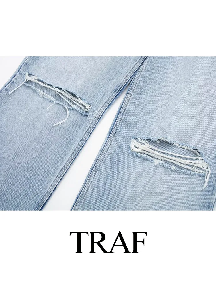 TRAF Women\'s New Fashoin Casual Blue Baggy Jeans Ripped Denim Pants Woman Vintage High Waist Wide Leg Pants Y2K Trousers Mujer