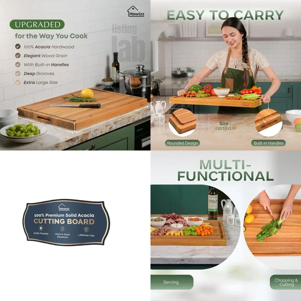 

Large Acacia Wood Cutting Board, 1 Thick Edge Grain, Non-Toxic Pre-Oiled, 24x18 with Juice Groove and Easy Grip Handle
