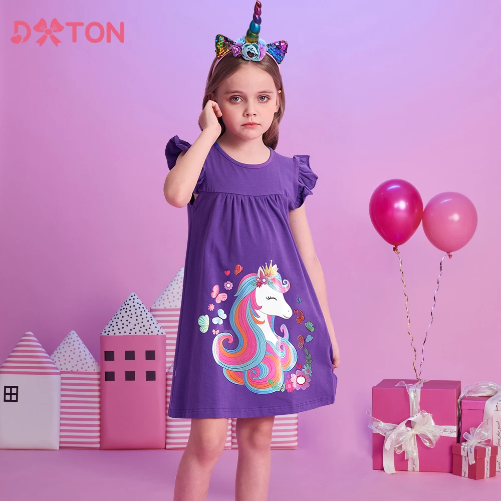 DXTON Zomer Rechte kinderjurk Fly Sleeve Kids Katoenen zonnejurk Eenhoorn Bloem Gedrukt Vakantie Kinderen Meisjes Casual Jurken