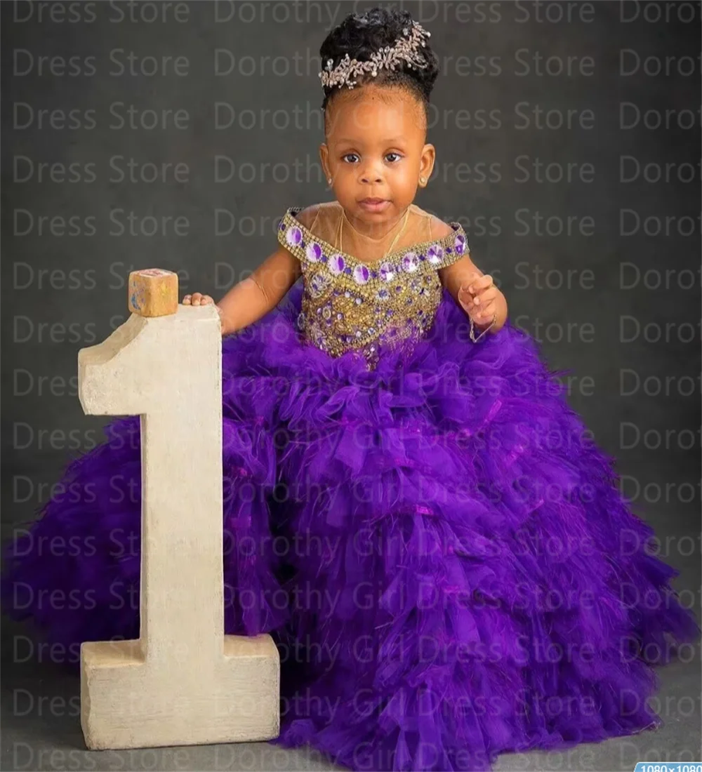 Purple Flower Girl Dresses Little Girls Birthday Dress Beading Luxury Bridesmaid Pageant Tiered Tulle Queen for Photoshoot