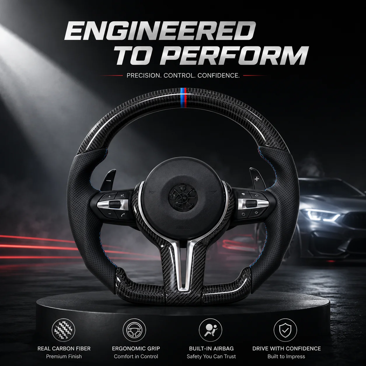 Volant en fibre de carbone compatible avec plusieurs modèles tels que M3, M5, E90, avec airbags, personnalisable, et logo personnalisable sur commande.