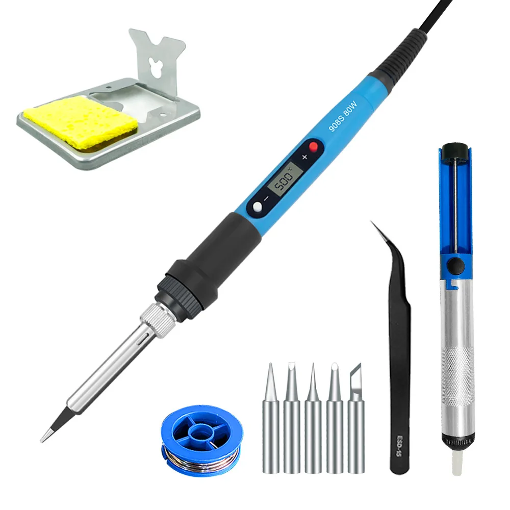 80W Soldering Iron Kit Adjustable Temperature LCD Solder Welding Tools Ceramic Heater Soldering Tips Tweezers Soldering Wire