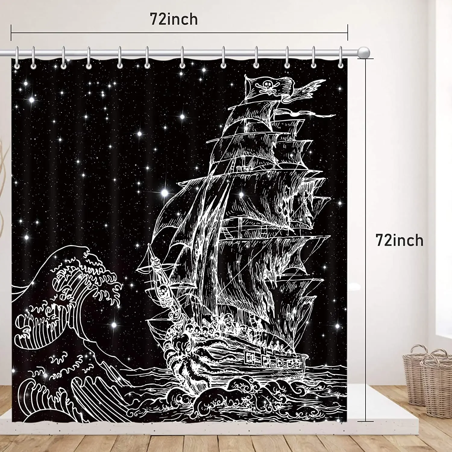 Polyester Fabric Waterproof Black Starry Sky Pirate Ship Storm Shower Curtain Machine Washable