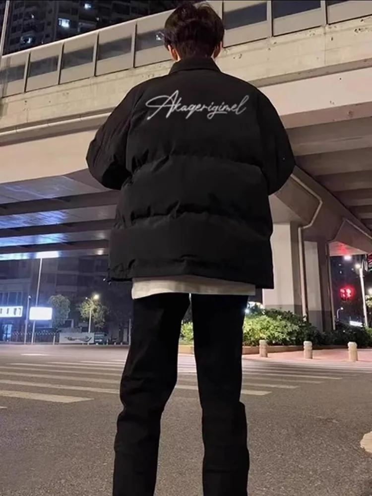 

Black Winter Puffer Jacket Men's Thickened Warm Cotton Coat Outerwear Bread Style Zipper Closure Regular Length Youth Fashion