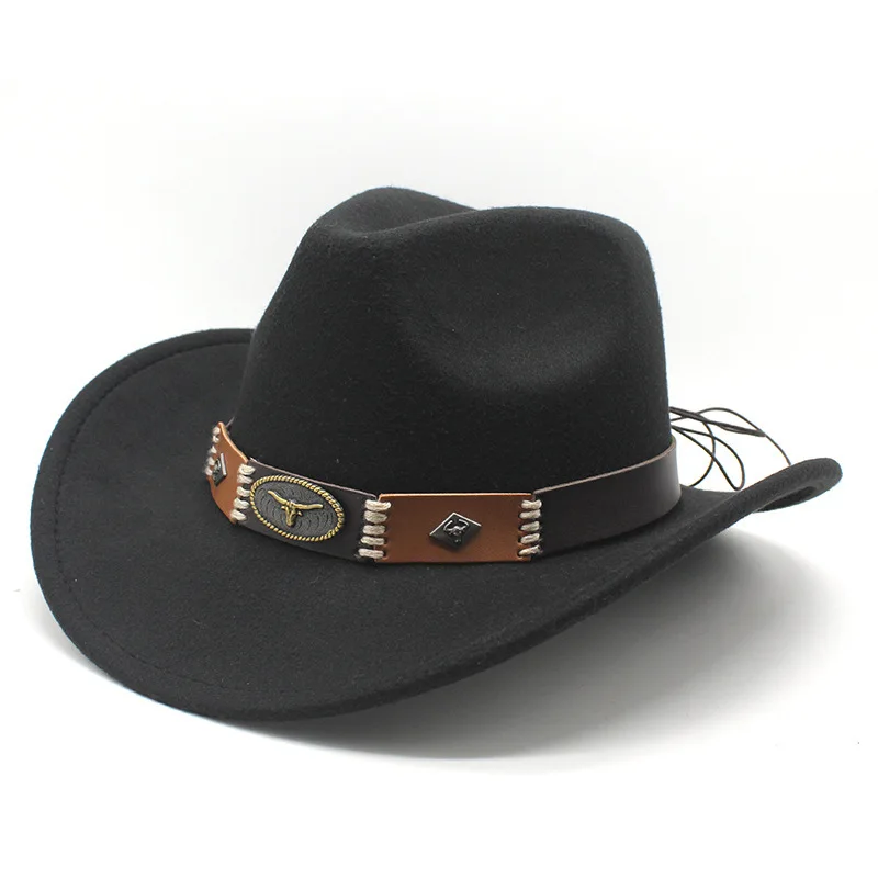 Hot Selling Top Ethnic Style, Cow Logo, Western Cowboy, Jazz Rolled Brim, Horseback Riding Hat, Woolen Felt Hat