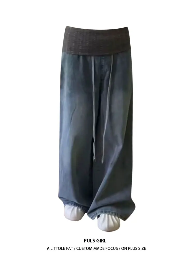 

High Waist Wide Leg Jeans Women's plus Size American Retro Washed Sweater Patchwork Waist Denim Pants Loose Floor-Length