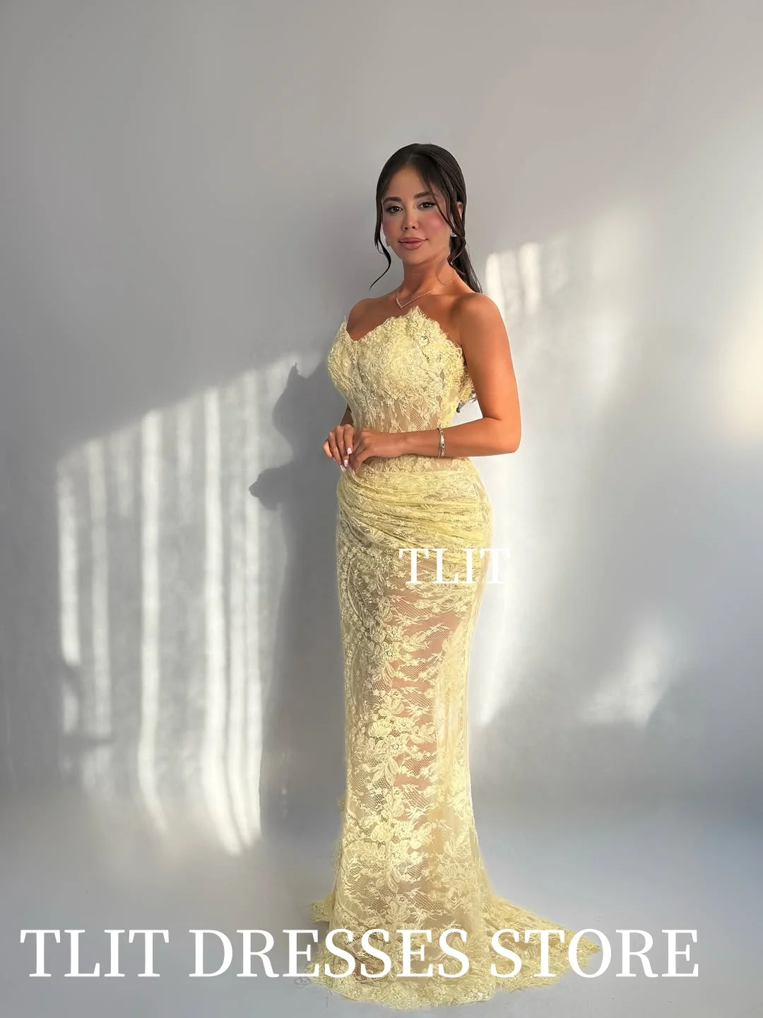 TLIT-vestidos de noche elegantes de sirena de encaje amarillo, personalizados, Sweetheart, lado alto, sin mangas, plisados, vestidos de graduación