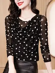 Spring Summer Fashion Solid All match Polka Dot T Shirts Women Office Long Sleeve Tops Swing Collar Silm Female Mesh M-3XL