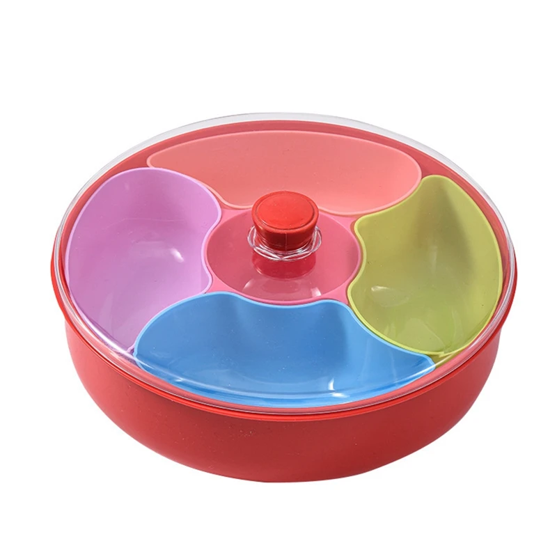 Bandeja redonda para aperitivos y frutas con forma de flor, contenedor dividido para aperitivos y frutas secas, caja de dulces con compartimentos de plástico