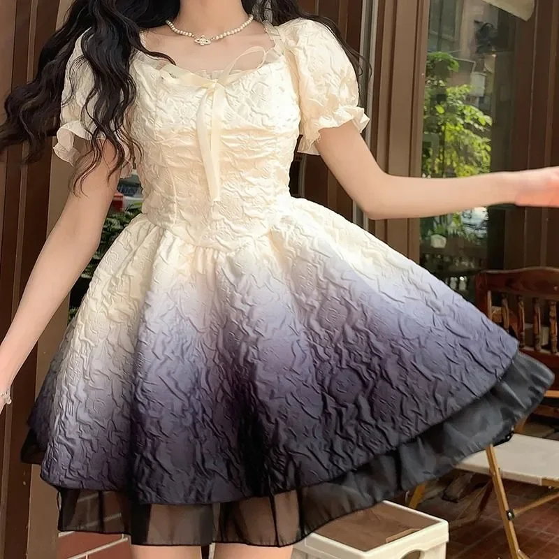 Japanese Fresh Sweet Lolita 2024 Summer Patchwork Bow Folds Lace Fashion Slim Elegant Minimalist Comfortable Puff Sleeve Dresses