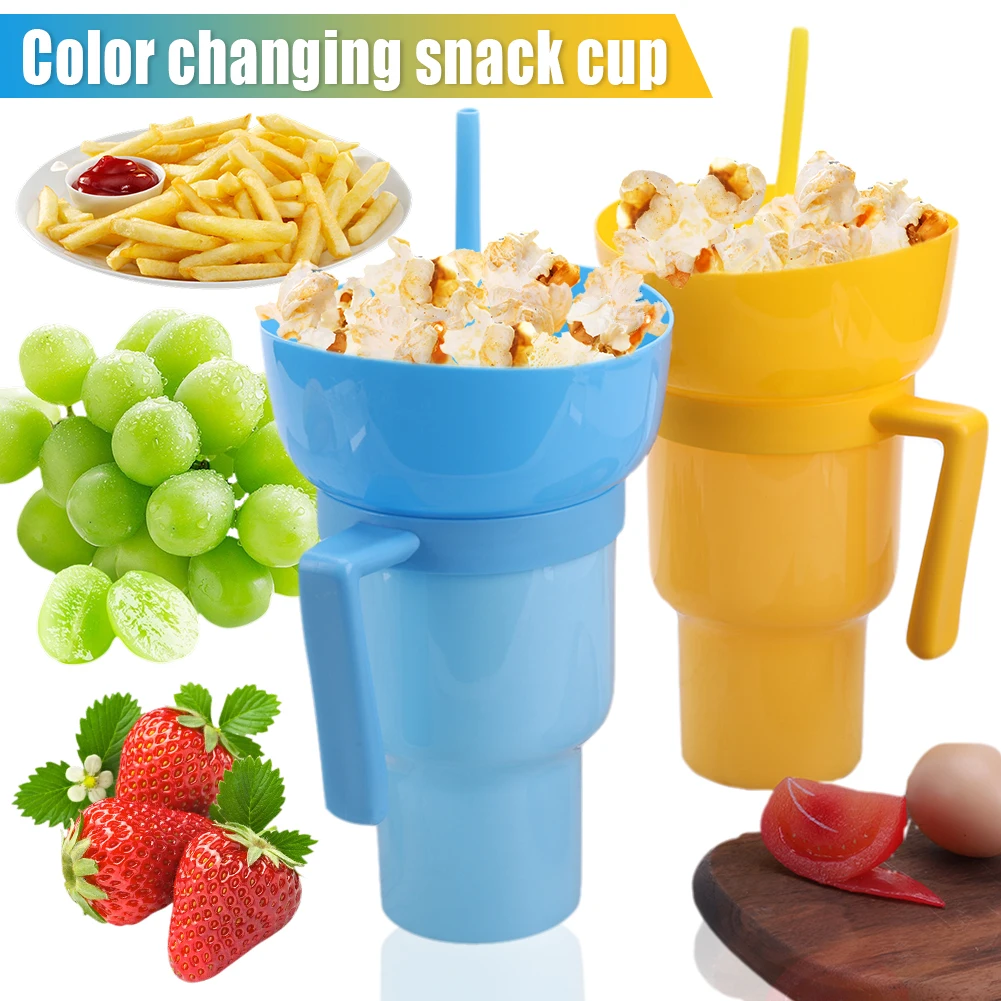 1000ml 2 In 1 Portable Snack Bowl Drink Cup Leak-Proof with Straw Stadium Tumbler Water Bottle Splash Proof for Cinema Travel